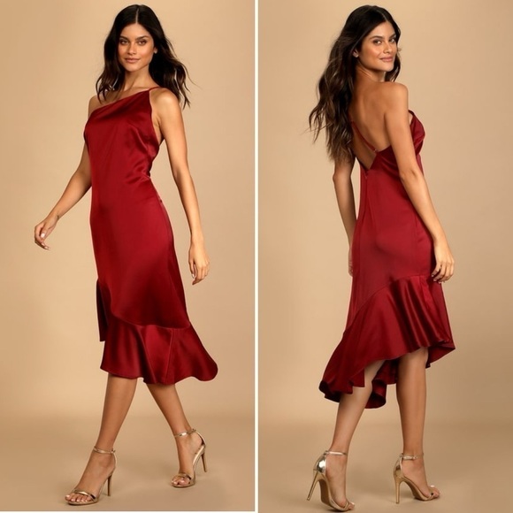 Lulus Dresses & Skirts - NWT Lulu’s One Shoulder Midi Dress Burgundy Satin Sweet & Stylish Size XL